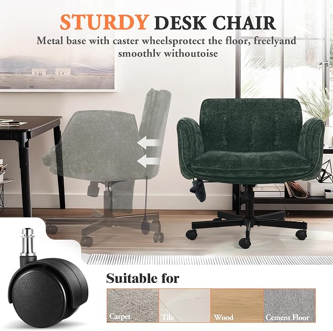 Criss Cross Chair with Lumbar Airbag & Folding Arms Relieve Back Pain, Wide Cross Legged Office Chair for Home Office, Comfy Swivel Desk Chair with Wheels, 5 Level Adjustable Armrest, Chenille(Green)
