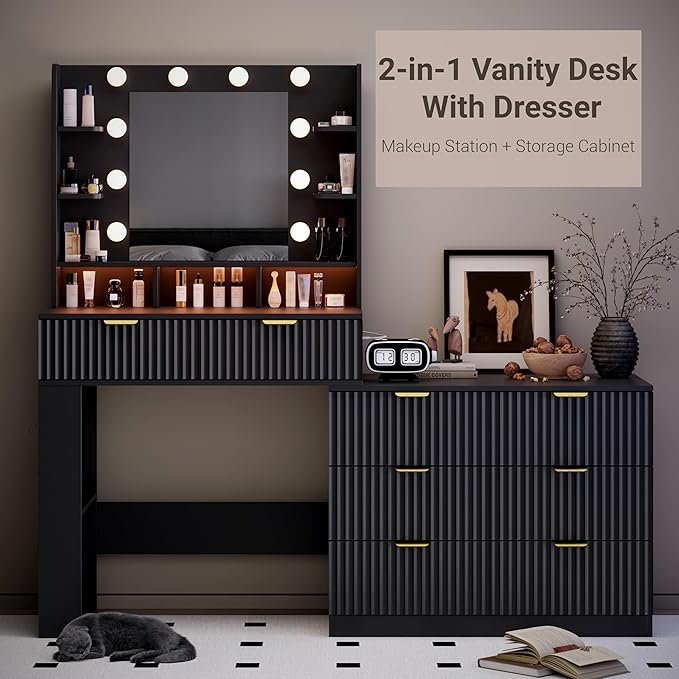 Vanity Desk with Mirror and Lights, Fluted Makeup Vanity with 8 Drawers, Storage Shelves, RGB Light and Power Outlet, Bedroom Dessing Table for Women, Girls, Black,56.7"
