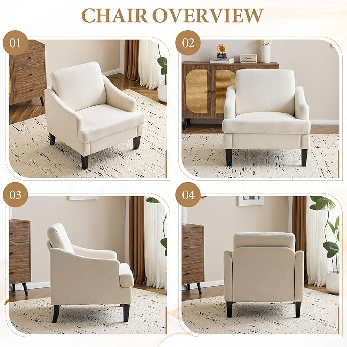 Bezseller Modern Accent Chairs Set of 2, Upholstered Reading Armchair with Wood Legs, Mid-Century Leisure Comfy Single Sofa Chair for Living Room, Bedroom, Home, Office, Beige