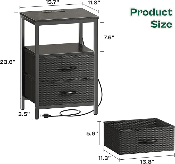 Huuger Night Stand with Charger Station and LED Lights, 2 Drawer Nightstand, Bed Side Table with Open Shelf, End Table, Fabric Drawers for Bedroom, Black