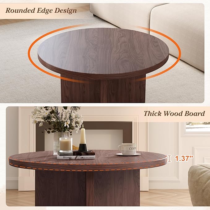 Luoxiao 31.5" Round Coffee Table Mid Century Modern Center Table for Living Room, Minimalist Circle Accent Table for Apartments, Study, Office, Space-Saving, Easy Assembly, Walnut