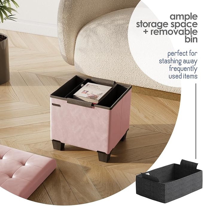 Storage Ottoman Cube with Small Bin, 15-in Square Ottoman with Storage for Living Room and Bedroom, Small Ottomans Foot Rest, Leather Foot Stools Ottomans Max 330lbs, Pink
