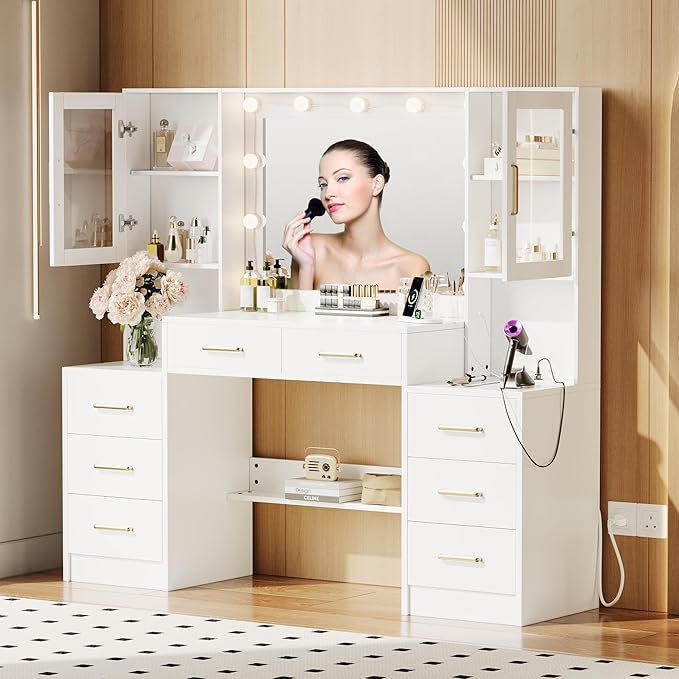 TOKSOM 58.3”Vanity Desk with Mirror and Charging Station, Bedroom Dressing Table, Large Vanity Set, 8 Drawers and 2 Cabinets, Makeup Vanity Table with Charging Station, Without Lights