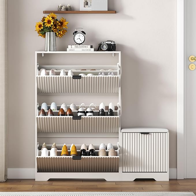 HUANLEGO Shoe Cabinet Storage for Entryway with 4 Flip Drawers, White Fluted Shoe Cabinet with Bench, Wooden Hidden Shoe Rack Freestanding Narrow Slim Shoes Storage Organizer for Hallway, Entrance