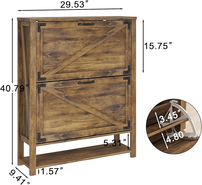 Shoe Storage Cabinet with 2 Flip Drawers, 5 Tier Narrow Hidden Shoe Cabinet for Entryway, Slim Wooden Farmhouse Shoe Rack Organizer Cabinets, Rustic Brown