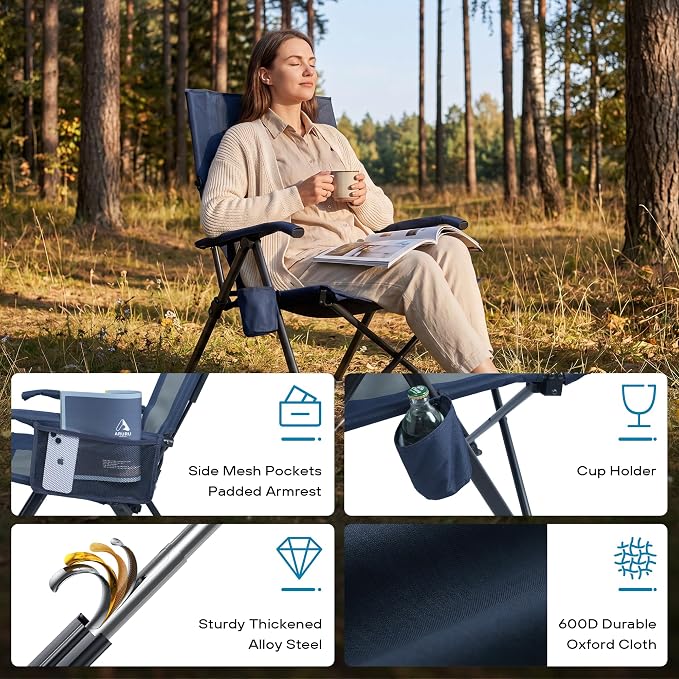 Reclining Camping Chair for Adults Heavy Duty 2 Pack, Folding Recliner Lawn Chairs with 6-Positions Adjustable High Back, Portable Patio Lounge Chairs for Outdoor Poolside Sports Beach