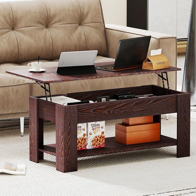 FDW 39 inch Lift Top Coffee Table with Hidden Storage Compartment & Lower Shelf,Coffee Table with Lift Top for Living Room,Home Small Space,Espresso