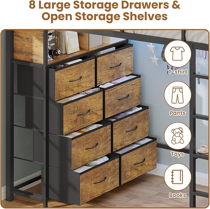 BTHFST Twin Loft Bed with Desk & 8 Storage Drawers Tall Dresser, Metal Loft Bed with LED Lights & Charging Station, 2-Tier Storage Shelves, Stable & Sturdy, Noise Free, Rustic Brown and Black