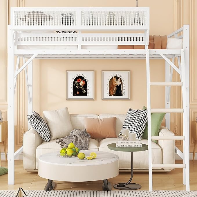KEIKI Queen Size Metal Loft Bed Frame with Ladder and Built-in Storage Shelves, for Teens, Modern Style Loft Bed with Solid Slats, Guardrail, No Box Spring Required, Easy Assembly, for Bedroom, White