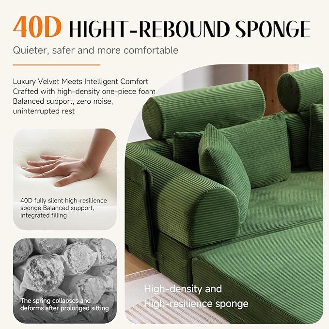 79" Convertible Boneless Couch for Small Spaces, 6-in-1 Corduroy Sofa Bed with High Backrest, Pillows, High-Density Foam Loveseat Sleeper Couch in a Box for Living Room, No Assembly, Olive Green