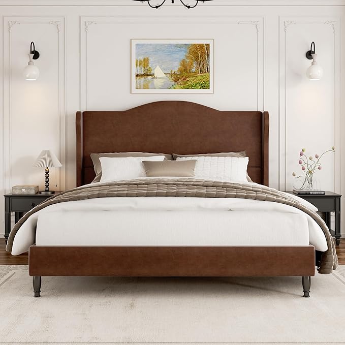 Full Upholstered Bed Frame with Tall Headboard, Leather Platform Bed Frame with Wingback Sides, Wood Slats Support, Noise-Free Design, No Box Spring Required, Easy Assembly, Dark Brown