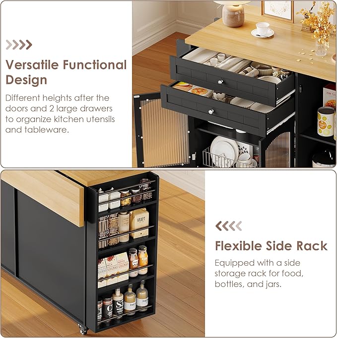 FINETONES Kitchen Island with Storage, Rolling Kitchen Island on Wheels with Wood Drop Leaf Countertop, Island Table Bar Cart with Spice Towel Rack Portable Kitchen Table Kitchen Carts on Wheels