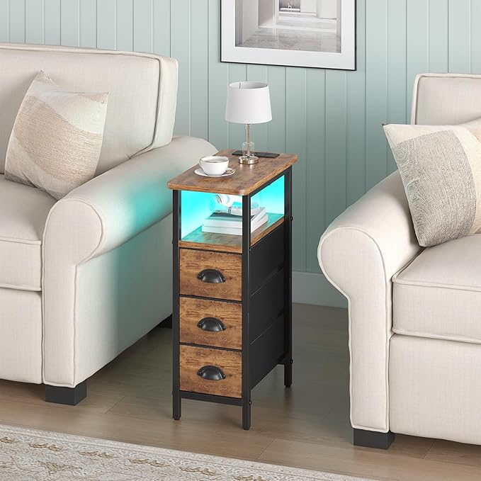 sthmec End Table with Charging Station,LED Side Tables with USB Ports and Outlets,Skinny Bedside Table with 3 Drawers,Small Nightstands for Small Space,Slim Sofa Table for Livingroom,Rustic Brown