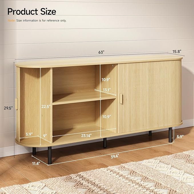 ONBRILL 63" Sideboard Buffet Cabinet with Storage, Storage Cabinet with Sliding Door & Adjustable Shelf, Modern Accent Coffee Bar Console Table for Kitchen, Entryway, Oak