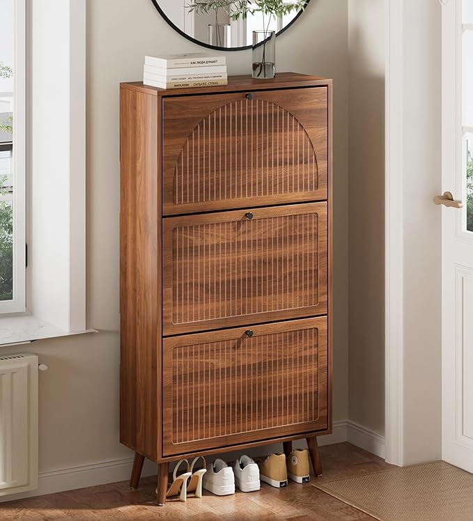 Fsbecl Shoe Storage Cabinet for Entryway with 3 Flip Drawers, Narrow Shoe Organizer with Fluted Panel, Freestanding Wood Hidden Shoe Cabinet for Hallway (Walnut, 23.6''W, Double Layer)