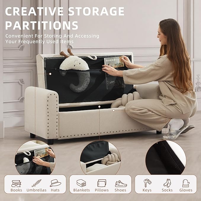 48" Ottoman with Storage, Tufted Storage Ottoman Bench, Convenient Living Room Fabrics Bench Seat, Entryway Shoe Benches with Inner Zipper & Arm, Upholstered Window Seat Ottomans with Rivets, Beige