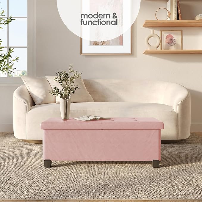 Storage Ottoman Bench with Bins, 43-in Storage Bench for Bedroom End of Bed, Folding Foot Rest Ottoman for Living Room Max 660lbs, Leather Ottomans, Pink