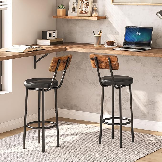 HOOBRO Bar Stools, Bar Stools Set of 2 with PU Upholstered, Bar Chairs with Footrest and Back, 26" Bar Stools for Kitchen Island, Dining Room, Easy to Assemble, Rustic Brown and Black BF31BY01G2