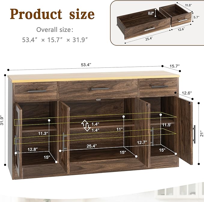 Vongrasig Buffet Cabinet with Drawers, 53” Large Sideboard Buffet Kitchen Storage Cabinet, Modern Farmhouse Coffee Bar with Shelves and Doors, Wood Buffet Table for Kitchen, Dining Room, Rustic Brown