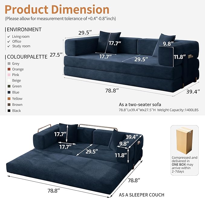 78.8" Convertible Sofa Bed with Armrest Pillow, 4-in-1 Sleeper Couch Bed for Livingroom, Modular Corduroy Boneless couches, No Assembly (Blue)