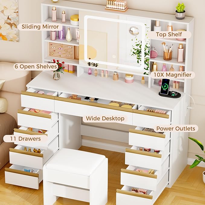 ANWBROAD Vanity Desk with Sliding Mirror and Lights,Large Makeup Vanity Set with Jewelry Storage,11 Drawers,6 Shelves, 3 Color Lights, White Dressing Table with Stool Power Outlet for Women UBDT98W