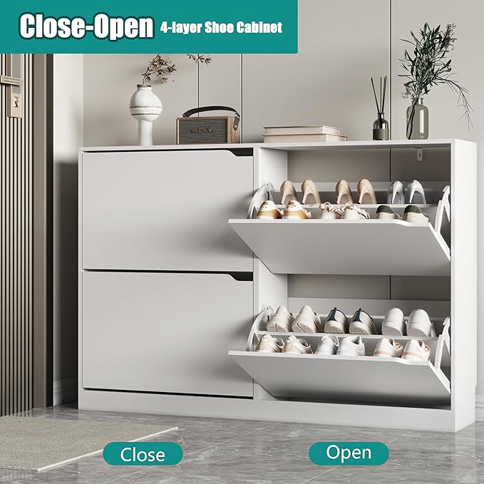 Xixini Shoe Storage Cabinet for Entryway with 4 Flip Drawers, Sturdy Wood Hidden Shoe Storage, Freestanding Narrow Slim Shoe Organizer for Front Door Entrance, Living Room, Hallway, Bedroom, White