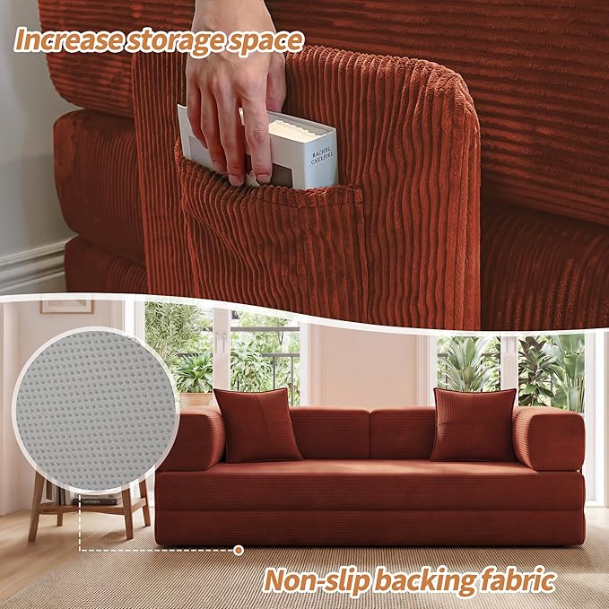 78.8" Convertible Sofa Bed with Armrest Pillow, 4-in-1 Sleeper Couch Bed for Livingroom, Modular Corduroy Boneless couches, No Assembly (Orange)