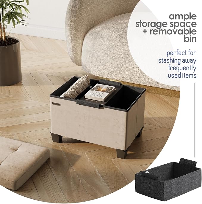 Storage Ottoman Cube with Small Bin, 16-in Square Ottoman with Storage for Living Room and Bedroom, Small Ottomans Foot Rest, Velvet Foot Stools Ottomans Max 330lbs, Taupe