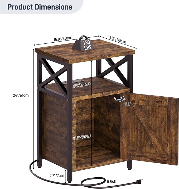 runjuly Wooden Nightstand with Lock, Bedside Table with Drawer, Bed Side Table with Charging Station, 3 USB & 2 Outlets, Night Stand with Storage Cabinet, End Table for Bedroom, Brown