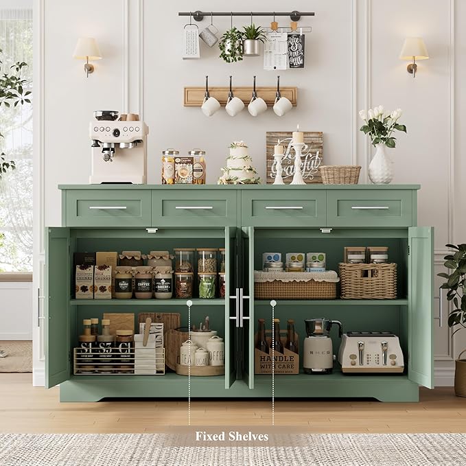 HOSTACK 60" Large Buffet Sideboard with Storage, 36" Tall Kitchen Buffet Storage Cabinet with 4 Drawers, Modern Coffee Bar Cabinet with Silver Handles, Long Sideboard Buffet Table for Kichen, Green