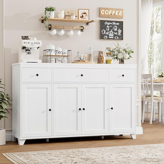 HIFIT 55" Large Kitchen Buffet Cabinet with Storage Drawers, Modern Sideboard Buffet Table Storage Cabinet with Doors and Shelves, Wood Coffee Bar Cabinet for Kitchen Dining Living Room, White