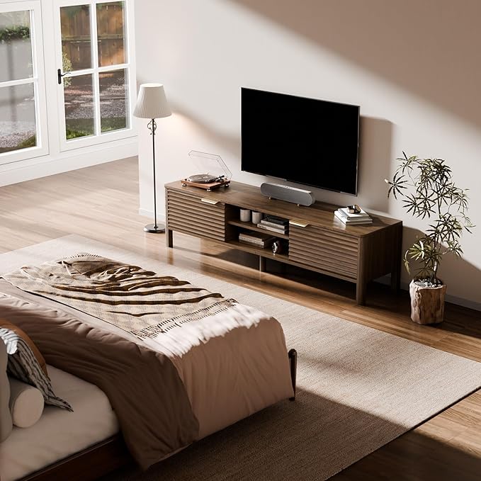 IKALIFE TV Stand for Living Room - up to 65 Inch TVs Mid Century Modern Entertainment Center with Storage and Adjustable Shelves, Media Console Table Walnut 59"