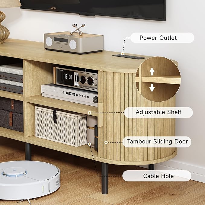 86.6" TV Stand with Power Outlet, Mid-Century Modern Television Stand, Fluted Media Console with Sliding Doors, Entertainment Center for TVs up to 90 Inch, Adjustable Shelves, Oak