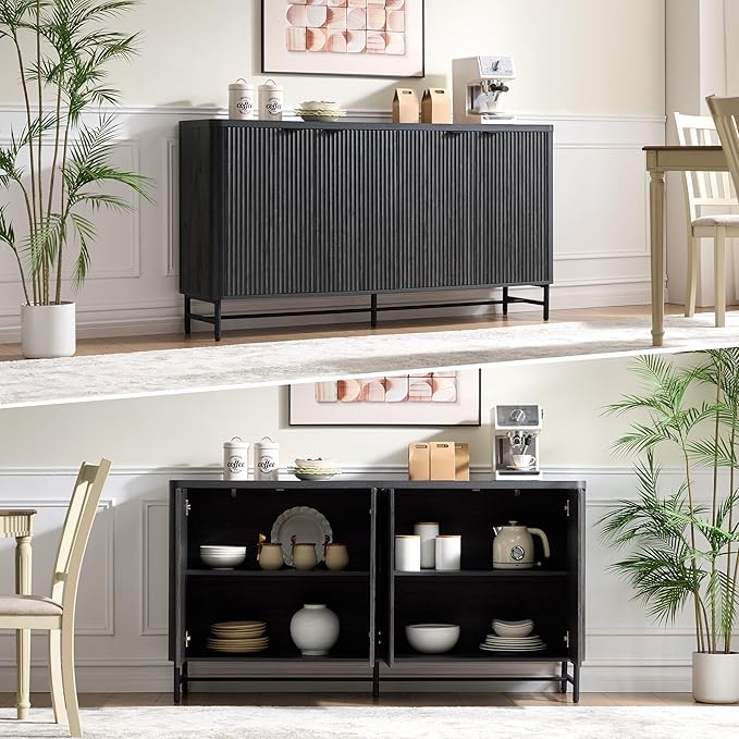 Fatmok 65" Buffet Cabinet with Storage, Fluted Credenza Sideboard with 4 Doors & Adjustable Shelves, Large Coffee Bar Console Table for Dining Room, Living Room, Entryway, Black Grey