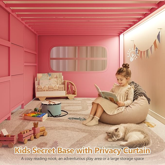DICTAC Low Loft Bed with Desk and 6 Storage Drawers Twin Loft Bed with Bookshelf,LED Lights & Under-Bed Play Space,Twin Beds for Girls with 13.8''H Safety Guardrail,Inclined Ladder & Play Curtain,Pink