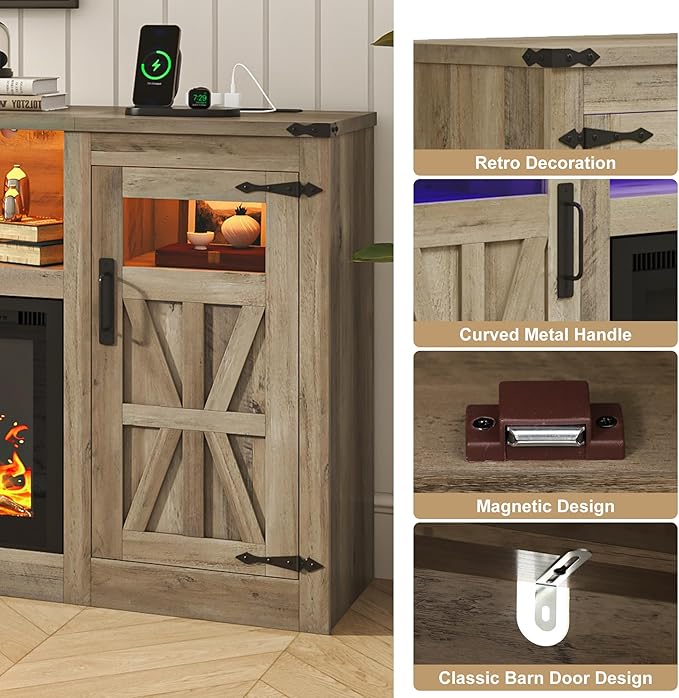 Fireplace TV Stand for 100 Inch TV, 95" Farmhouse Entertainment Center with 60" Electric Fireplace & LED Lights, Large Media Console for Living Room, Rustic Barn Doors, Power Outlets,Grey