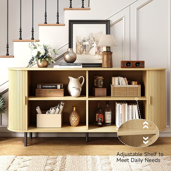 ONBRILL 63" Sideboard Buffet Cabinet with Storage, Storage Cabinet with Sliding Door & Adjustable Shelf, Modern Accent Coffee Bar Console Table for Kitchen, Entryway, Oak