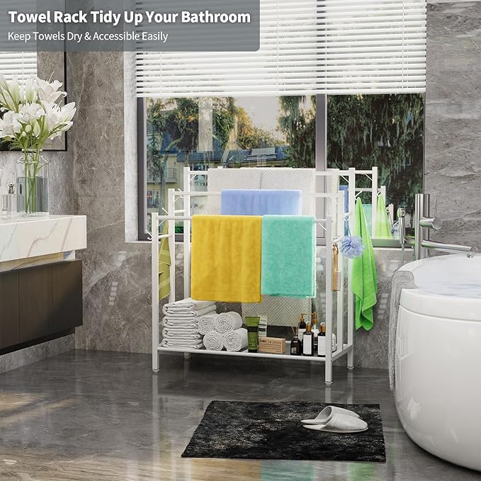 HavenlyYouth 3 Tier Free Standing Towel Rack, Pool Towel Rack with Metal Shelf for Outside, Blanket Drying Holder for Display and Storage in Bathroom, 35.8" H x 31.5" L x 11.8" W, White