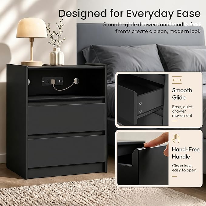 24" Tall Nightstand with Charging Station Including USB-C, Modern Bedside Table and Sofa End Table - Black, 2 Drawers, Set of 2