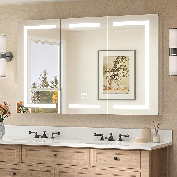TETOTE 48 x 32 Lighted Medicine Cabinet with LED Lights, 3 Door Recessed or Wall Mount Bathroom Cabinet, Led Vanity Cabinet Mirror, Tempered Glass, Outlets & USB, Adjustable Shelf, 3-Color Lights