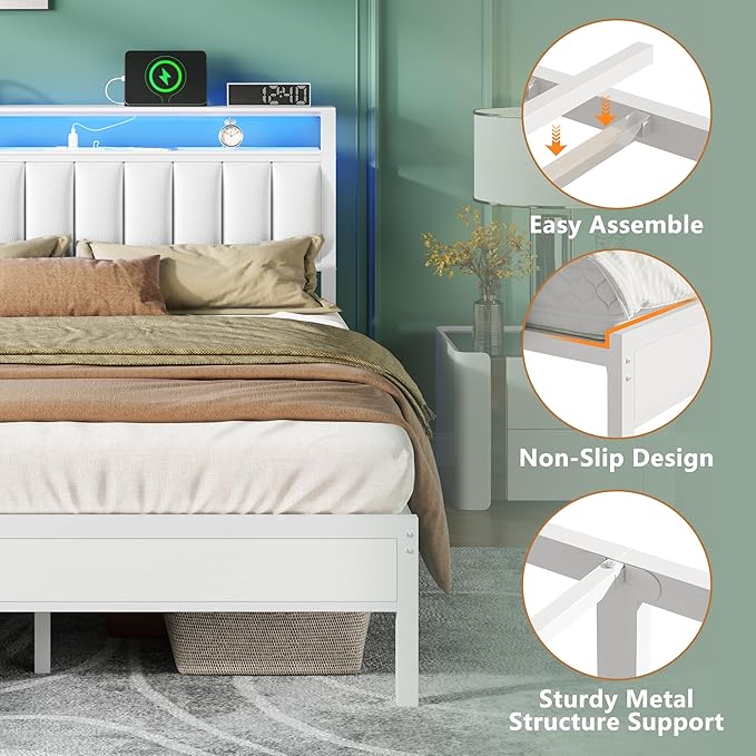 Furnulem White Full Size Bed Frame with Charging Station & Led Lights, PU Leather Upholstered Headboard with 2-Tier Storage Shelves, No Box Spring Needed, Metal Slat Support, Solid and Stable