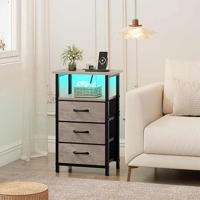 Vagusicc Night Stand Set 2 with Charging Station, LED Nightstand for Bedroom, Bedside Table with 3 Fabric Drawers, End Table Side Table with USB Ports & Outlets, Bed Side Table for Bedroom, Greige