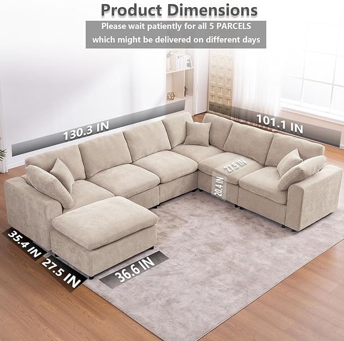 Oversized Modular Sectional Sofa Couch, Large 7 Seater Corner Sofa Modern U Shaped Sectional Couch with Ottoman Cloud Couches for Living Room, Office, Spacious Space