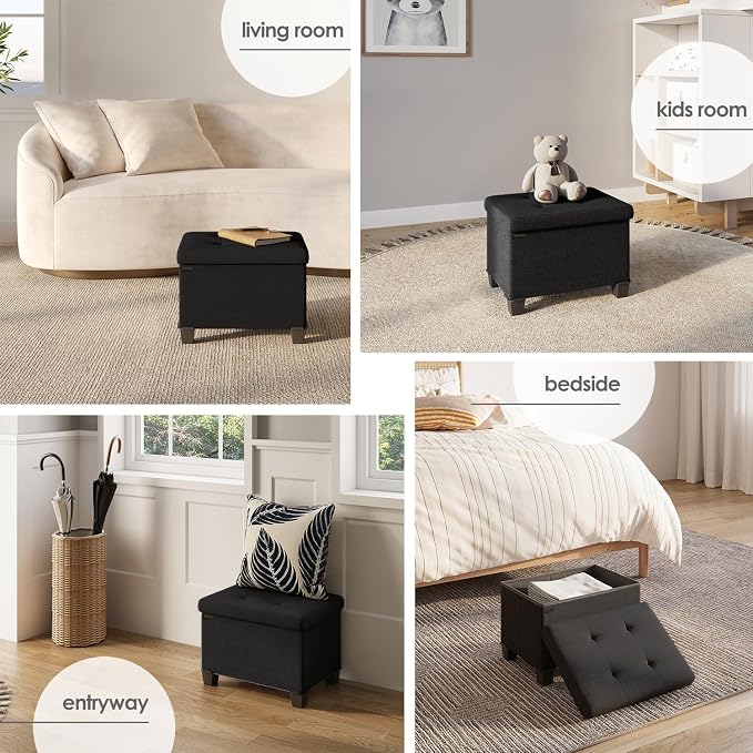 Storage Ottoman Cube with Small Bin, 16-in Square Ottoman with Storage for Living Room and Bedroom, Small Ottomans Foot Rest, Fabric Foot Stools Ottomans Max 330lbs, Black