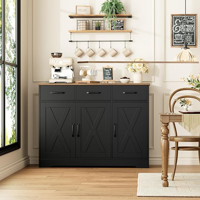 HOSTACK Modern Farmhouse Buffet Sideboard Cabinet, Barn Doors Storage Cabinet with Drawers and Shelves, Wood Coffee Bar with Storage for Dining Room, Kitchen, Living Room, Black/Rustic Brown