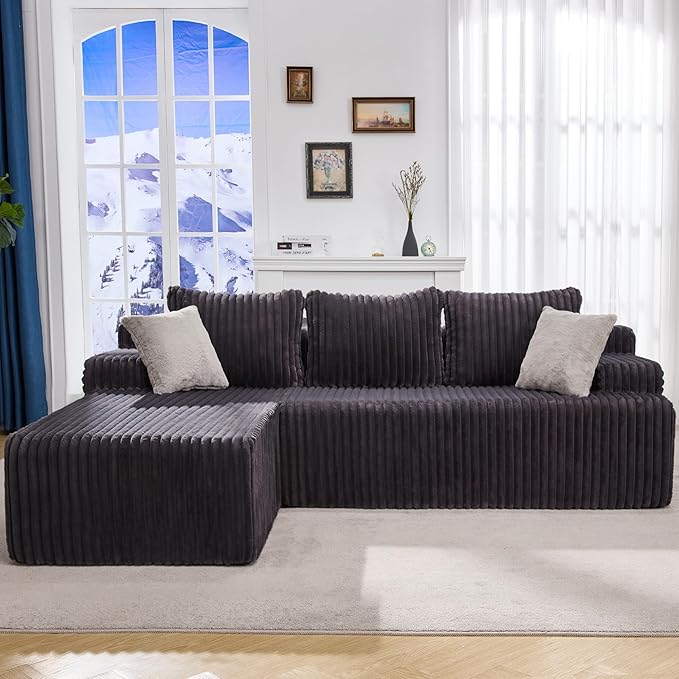Hobestluk Modular Sectional Sofa Boneless Couch L-Shape Couch 3 Seat Modular Couch Memory Foam Sectional Couches for Living Room Furniture, Cloud Couch Lounge (Grey Stripe, 98" Left Facing Chaise)