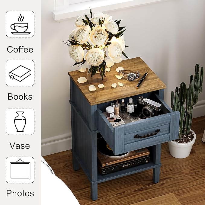 Small Farmhouse Nightstand, Wood Night Stand Set, End Table with Drawer, Small Rustic Wooden Bedside Table, Bed Side Table for Bedroom, Blue end Table with Storage for Bedroom LET512LR