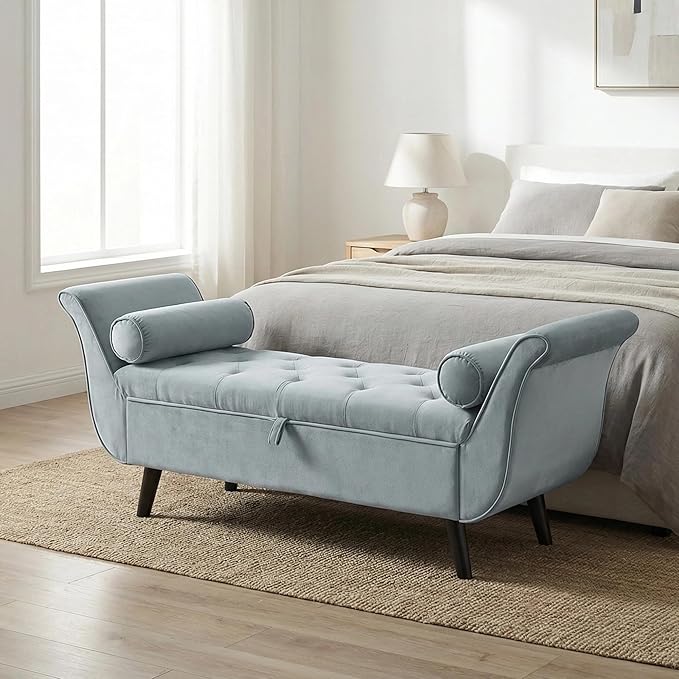End of Bed Storage Bench for Bedroom, 65" King Size Velvet Storage Bench with 2 Pillows, Upholstered Rolled Armed Button Tufted Sofa Ottoman Bench, Long Narrow Bench for Entryway (Gray)