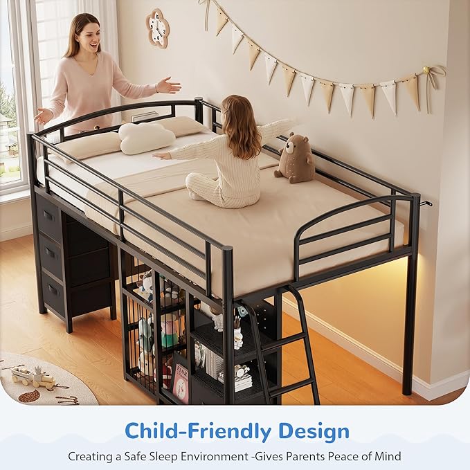 Low Loft Bed Twin Size with 4 Storage Drawers and LED Lights, Twin Loft Bed with Sling Bookcase & Toy Storage, Kids Twin Beds with Anti-Collision Pad & Play Curtain, Under-Bed Play Space, Black
