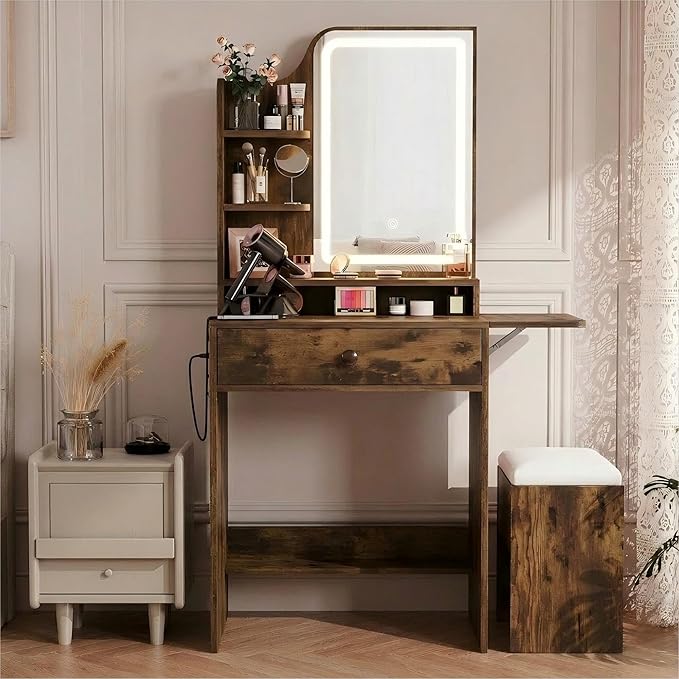 Haewon Small Vanity Desk with Mirror and Lights, Makeup Vanity with Charging Station, Compact Dressing Table Set with Storage Chair, Drawer and Shelves for Bedroom, Vintage Brown